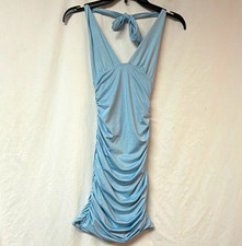 Adika Blue Ruched Tie Back Mini Bodycon Dress XS Sleeveless Stretch Knit