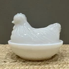 Vintage 4" Hazel Atlas White Milk Glass Hen on Nest Covered Candy Dish EUC