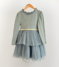 Mini Boden Jersey Tulle Mix Dress Blue Gold Metallic Thread Girls Size 5-6 Years
