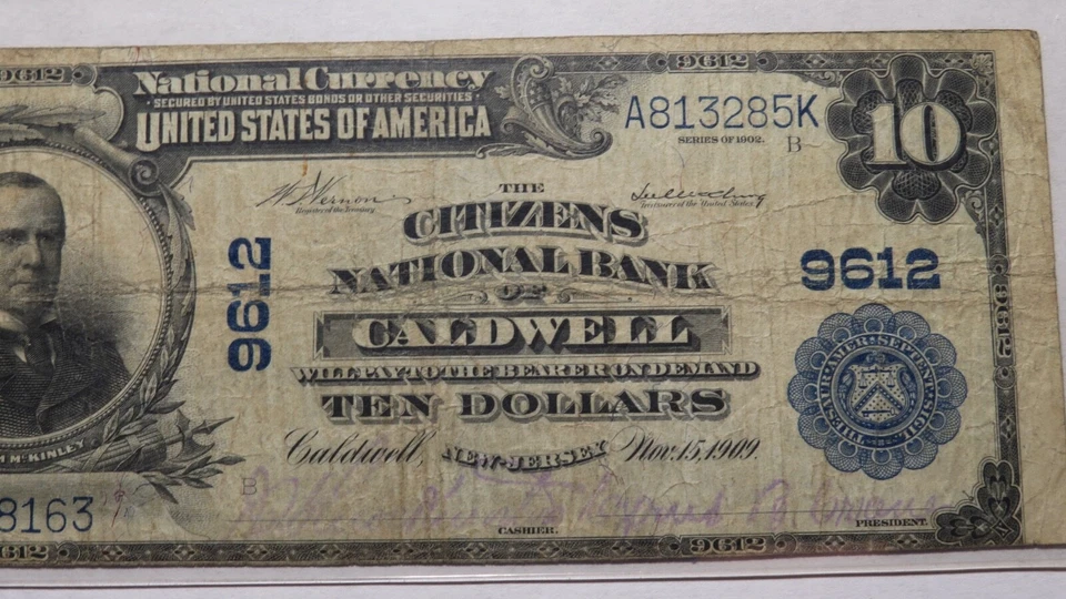 $10 1902 Caldwell New Jersey NJ National Currency Bank Note Bill #9612 FINE PCGS - Image 2 of 4