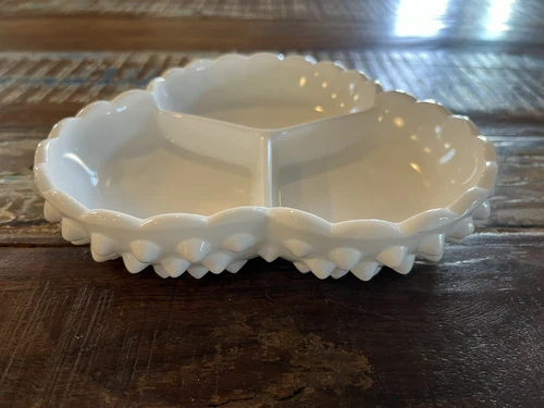 Vintage Fenton Hobnail Scalloped Milk Glass 3-Sec Divided Relish Candy Dish Nut