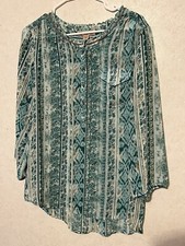 Nine West Vintage Turquoise Print Sheer Top With Bead Collar - Size M/L