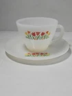 *RARE* Vintage Anchor Hocking Fire King Milk Glass Tulips Teacup & Saucer Set