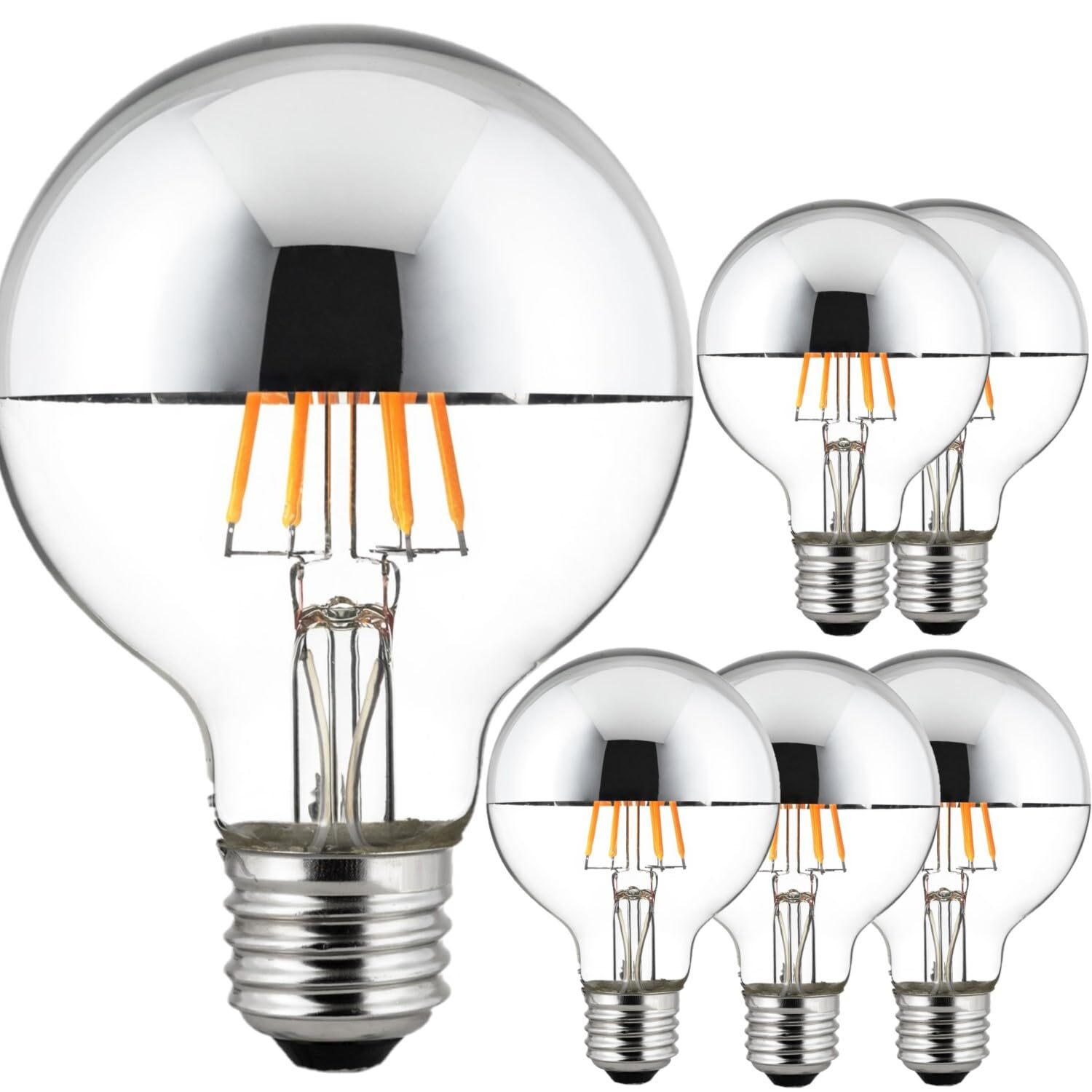 6Pack LED Half Chrome Globe Light Bulb G25, Round, 2700K, 6W (60W), 530LM