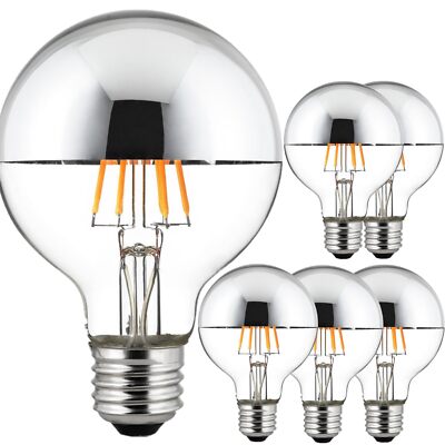 6Pack LED Half Chrome Globe Light Bulb G25, Round, 2700K, 6W (60W), 530LM