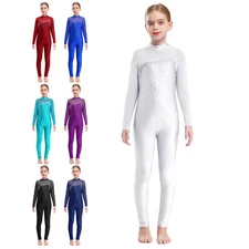 Kids Girls Dancewear Sparkly Ballet Long Sleeve Jumpsuit Competition Leotard