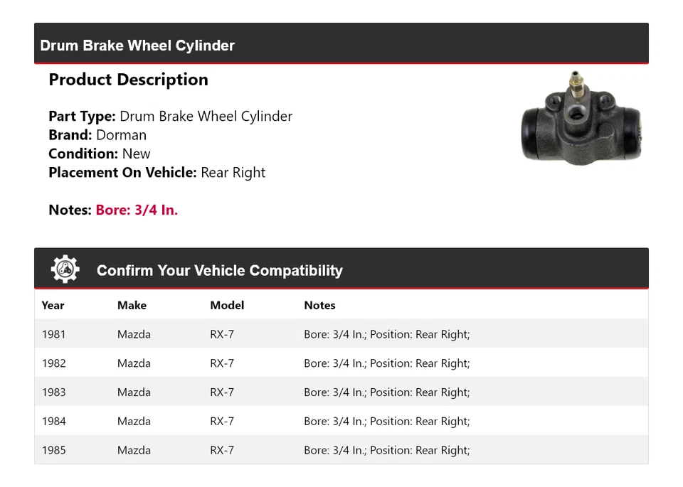 Cilindro de rueda de freno de tambor trasero derecho 1982 1983 para Mazda RX-7 1981-1985 Dorman Foto 2 de 4