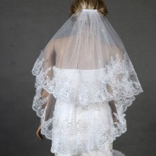 Bridal Wedding Veil Elbow 2 Layers Ivory Lace Edge Applique Sequin with Comb New