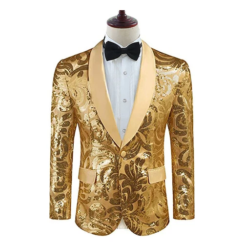 Men Lapel Jacket Blazer Suit Floral Sequin Shawl Coat Party Showman Costume Slim - Picture 10 of 24