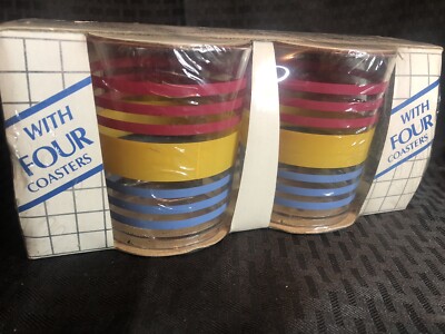 8 Piece Vintage ITEMAKERS TUMBLER and COASTER Set - RAINBOW -  1986 NEW