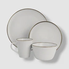 Elama White Matte Arthur Round Gold Trim Stoneware 15-Piece Dinnerware Set