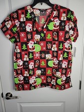 Cassandra O Christmas Santa Snowman V Neck Red Scrub Top Women's Medium NWT