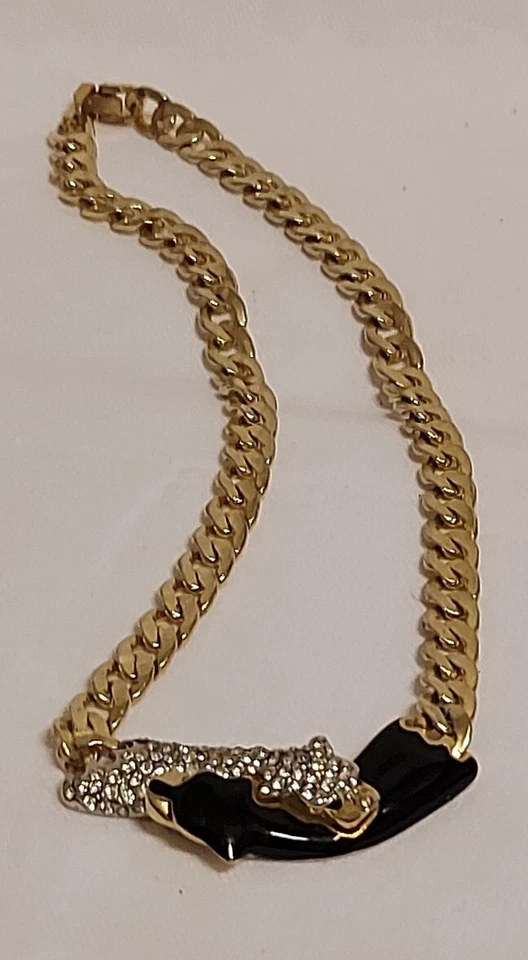 Collier Panther/Tiger Vintage  Halskette Kristalle/Email  Vergoldet - Bild 3 von 4