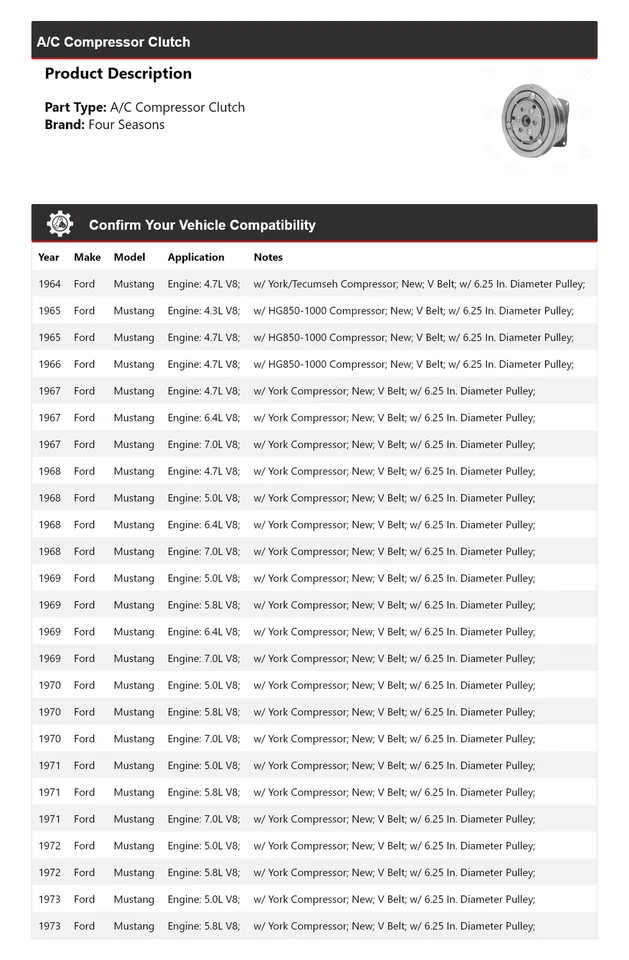Para 1964-1973 Ford Mustang A/C embreagem compressor 4 estações 1965 1966 1967 1968 - Imagem 2 de 4