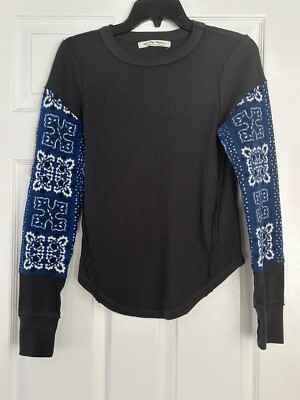 Free People sz Small Bandana Sleeve Thermal Top Shirt Navy Blue