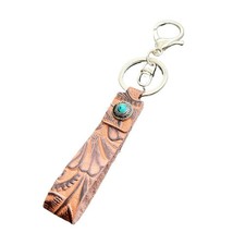 Western Vintage Genuine Leather Keychain Turquoise Stone Cowhide Keyring Charm