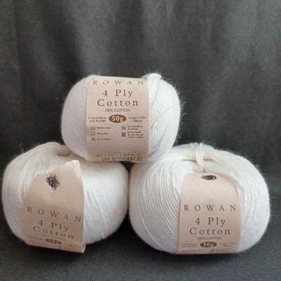 Rowan 4 ply 100% Cotton Yarn Lot of 3 White Balls #113 50 Grams 186 Yards New