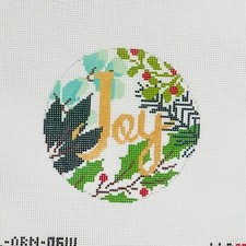 Hand painted Needlepoint canvas Laura Love Joy 4" round 18 ct holiday