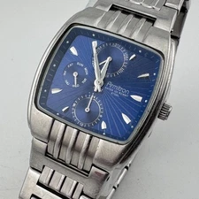 Armitron Quartz Watch Men Silver Blue Barrel Day Date Japan Analog New Batter 8"