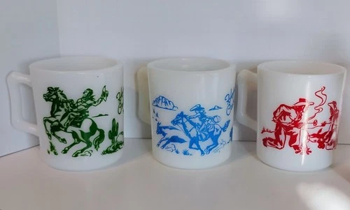 Set of (3) Hopalong Cassidy Milk Glass 3" Tall Coffee Mugs Vintage 1950s