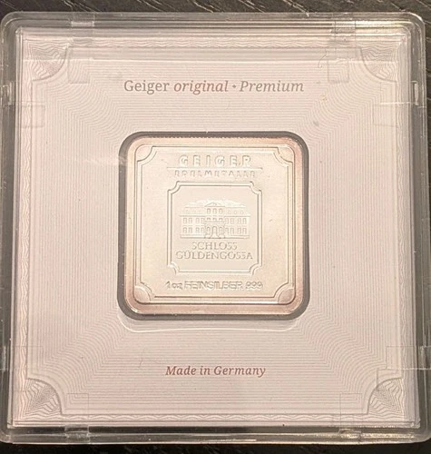 Geiger Edelmetalle 1oz .999 Fine Silver  Square Bar in Assay Case