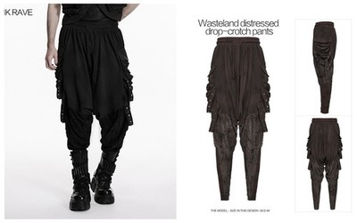Punk Rave Men's Brown Gothic Distressed Patchwork Drop Crotch Pants With Rivets