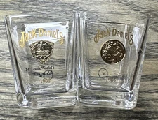 2 Jack Daniels Whiskey Shot Glasses 1904 St. Louis 1905 Liege Belgium Gold Medal