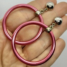 Vtg Big Pink Metallic Tube Hoop Door Knocker Statement Earrings Post Large Round