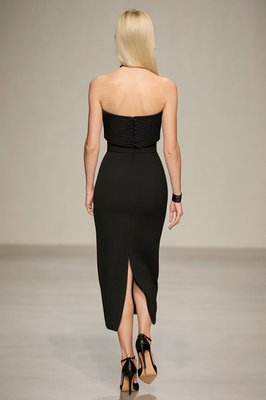 knee length dresses for ladies Black Strapless Maxi Dress With Slit And Button main image 1