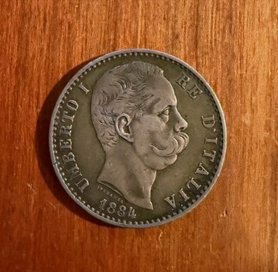 ITALY KINGDOM  UMBERTO I  1884-R  2 LIRE SILVER COIN, XF+, NICE