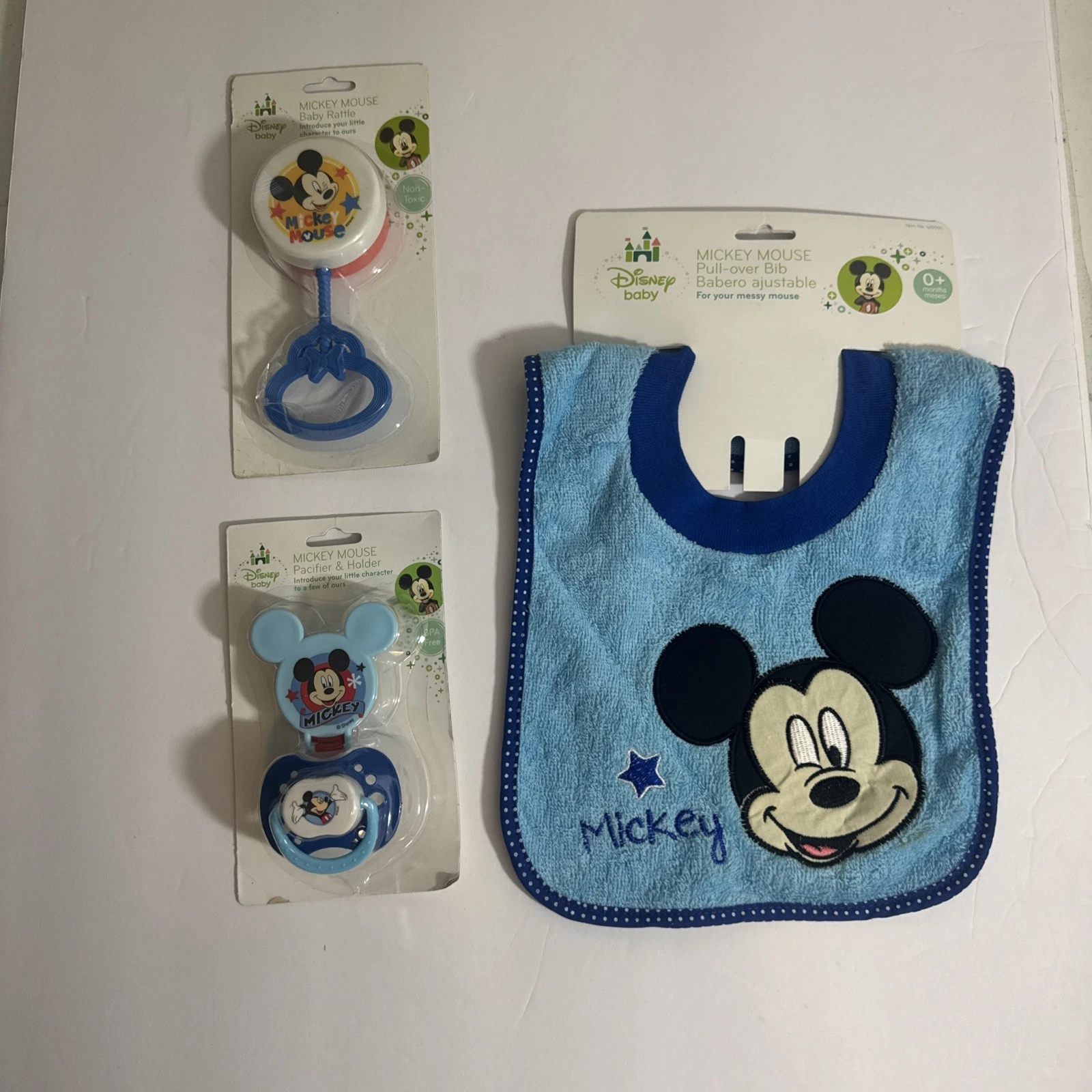 Vintage Disney Parks Mickey Mouse Baby Lot Rattle Pacifier Bib Blue NEW With Tag
