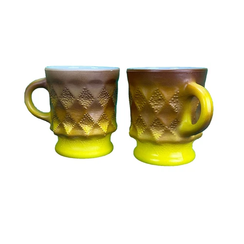 Vintage Fire King Kimberly Diamond Coffee Mugs Lot of 2 Yellow Brown VGUC
