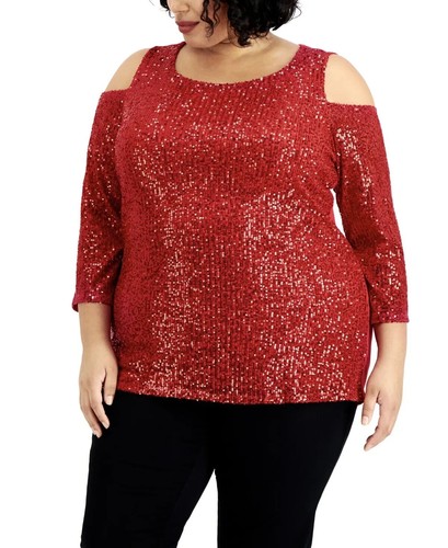 Jm Collection Sequin Cold-Shoulder Holiday Top Red Plus Size 3X - 第 1/1 張圖片