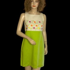Vintage 90s Plaza South Fit & Flare Short Dress Green & White Embroidered Sz 4