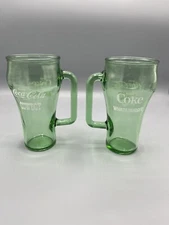 2 Vtg GREEN COKE COCA COLA GLASSES- COWBOY WHATABURGER Set