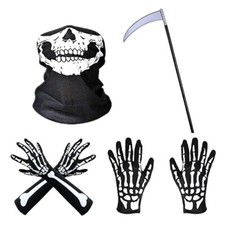 Halloween Skeleton Gloves Costume Spooky Grim Reaper Mask Cosplay Horror kit