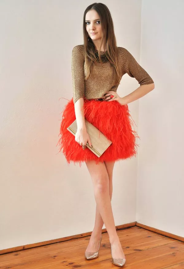 Zara Studio Fishnet Orange Ostrich Feather Skirt Bloggers Size M Medium