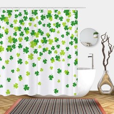 St Patricks Day Shower Curtain, Green Shamrock Clover Leaf Decor Fabric Showe...