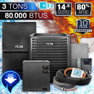 ACiQ 3 Ton 14.5 SEER2 80K BTU 80% AC & Downflow Gas Furnace Split System, R32