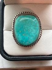 VINTAGE TURQUOISE COLOR STATEMENT RING SILVER TONE OVAL CABOCHON RING SIZE 5