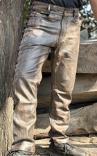 Men’s Distressed Brown Leather Biker Pants Slim Fit Side Lace Motorcycle Trouser
