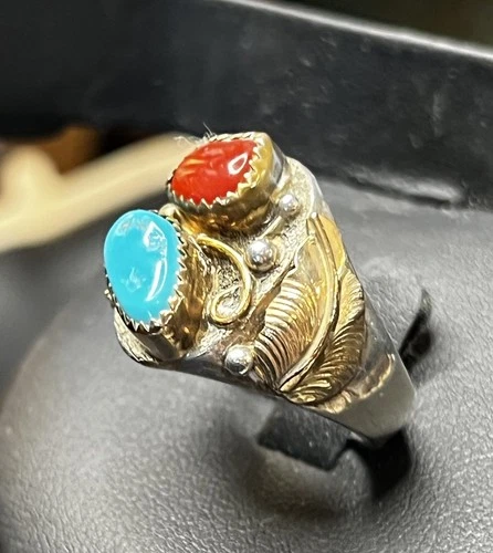 Vintage Navajo Turquoise And Coral Ring With Partial Gold Over Sterling Signed