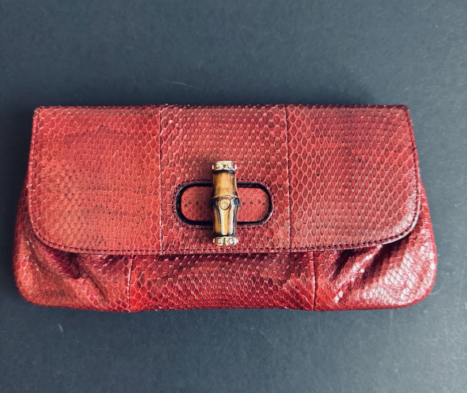 Gucci Bamboo red Snakeskin Leather Evening Clutch… - image 1
