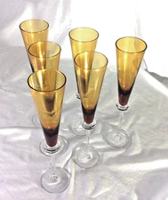 set of 6 transparent amber long stem wine glasses - euc