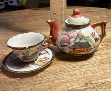 Vtg 4 Piece Set Miniature Asian Teapot w Cup  Saucer Signed Japan