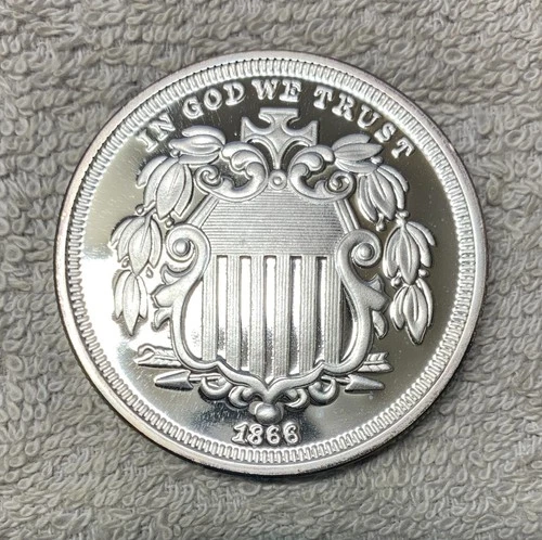 1866 Five Cents Shield Nickel 2 Troy Oz .999 Silver Proof Round .