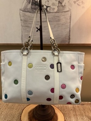 COACH WHITE MULTICOLOR POLKA DOT LG GALLERY MULTI TOTE BAG PURSE 3678 RARE