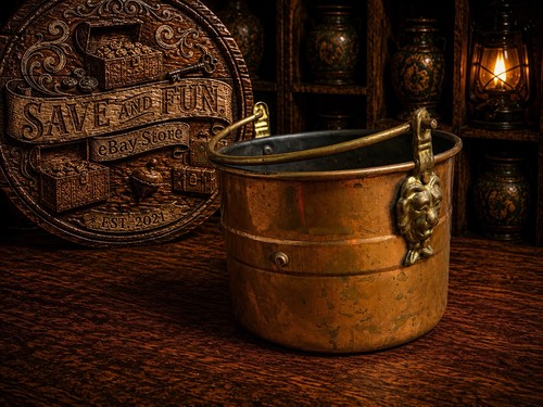 Vtg Holland Copper/Brass Bucket / Pail /Planter with Handle & Lion Heads Holland