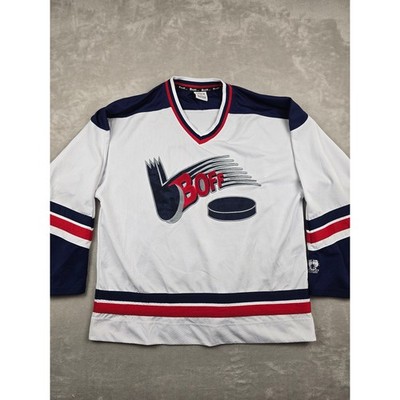 Vintage Boff Hockey Jersey Mens L White Red Blue V-Neck Long Sleeve *Read