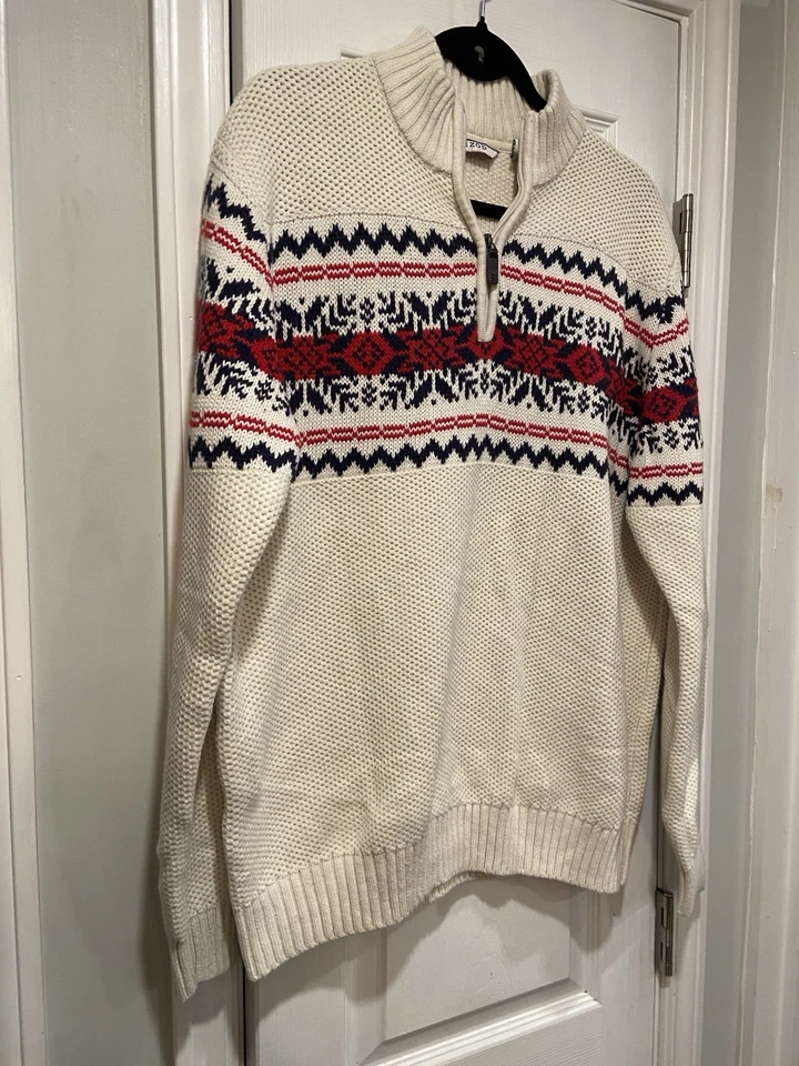 Izod Mens Size L Cotton Quarter Zip Fair Isle Nordic Knit Cream Sweater Leather - Image 4 of 4